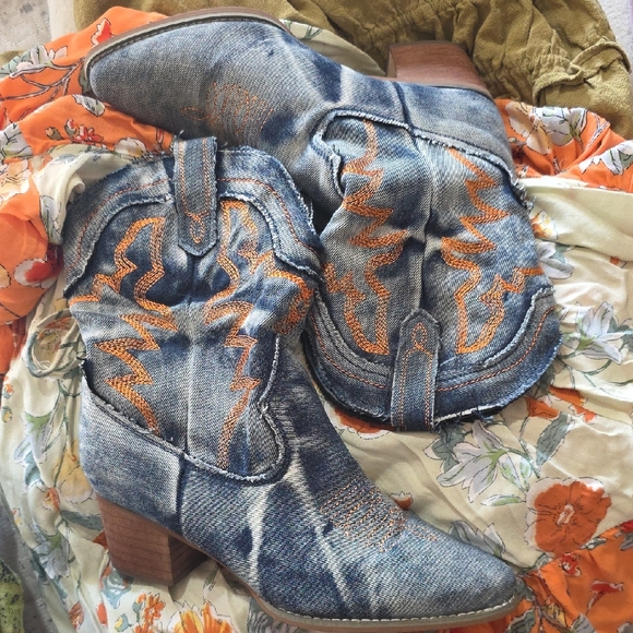 Denim Western Ankle Boots with Orange Embroidery - Picture 1 of 8
